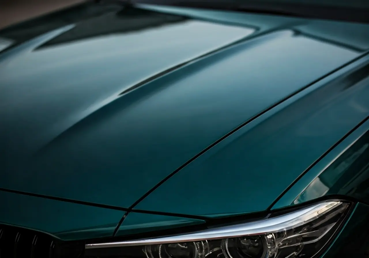 A close-up of a glossy, self-healing ceramic-coated car hood. 35mm stock photo