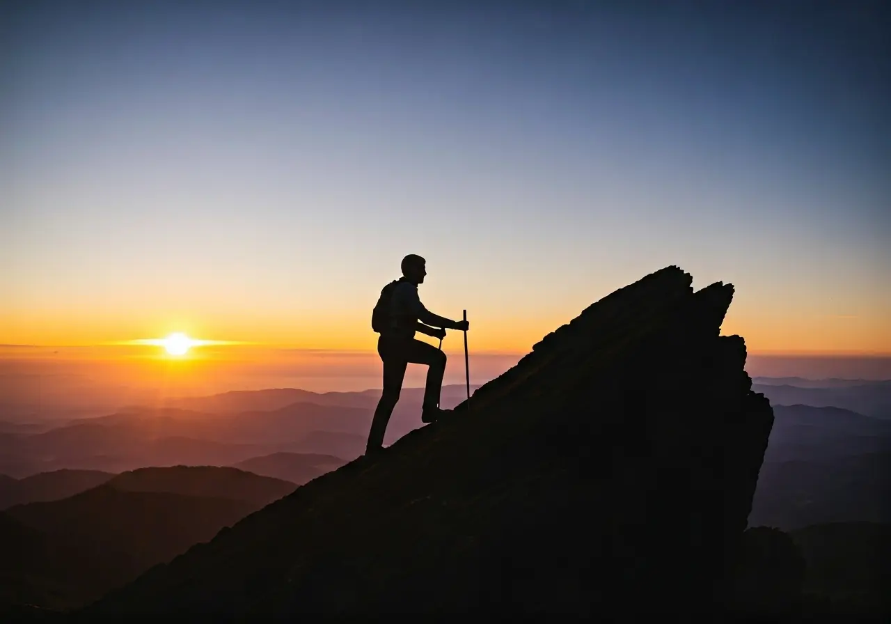 A person climbing a mountain at sunrise, symbolizing growth. 35mm stock photo