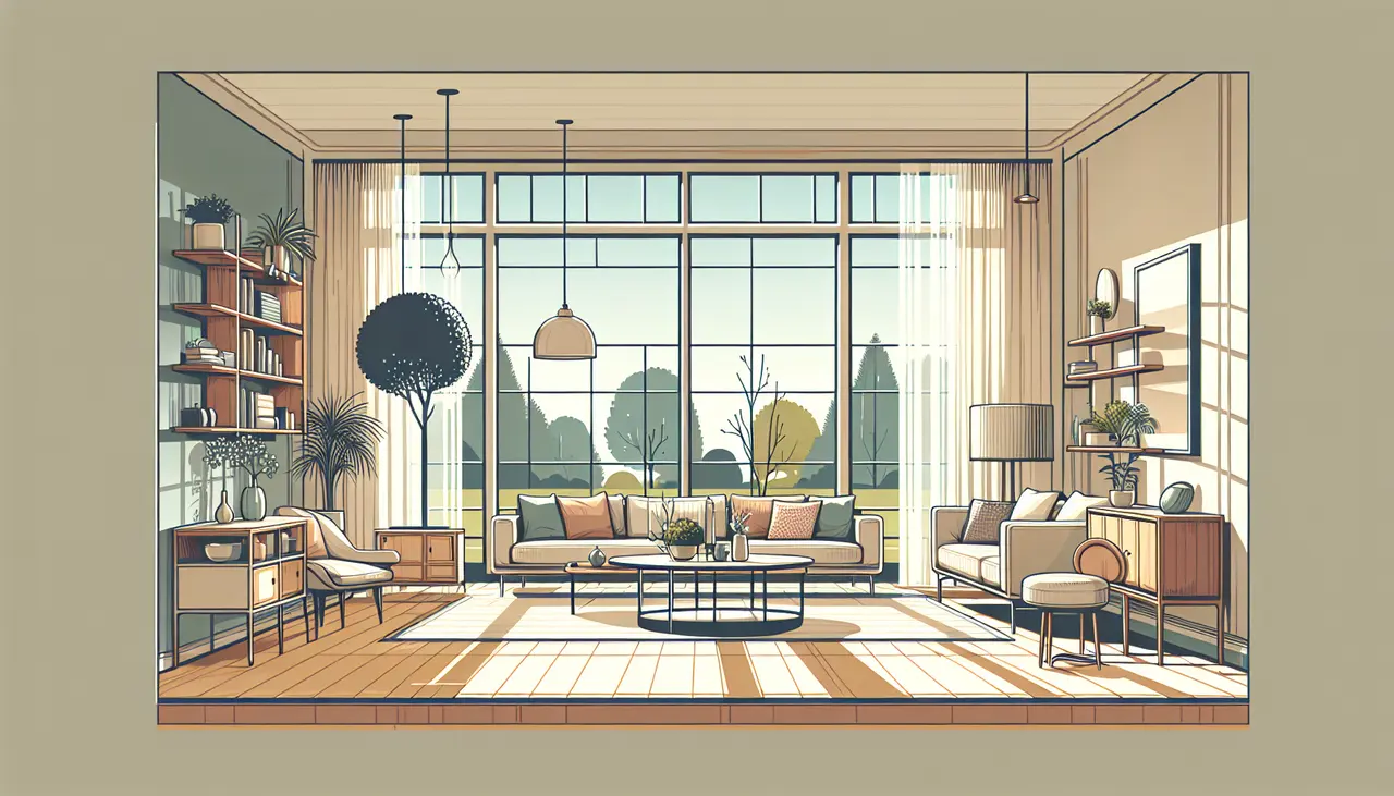 Draw a graphic in flat design style. A flat design illustration of a modern living room with an open floor plan, featuring a neutral color palette, a mix of contemporary and vintage furniture, and large windows letting in natural light.