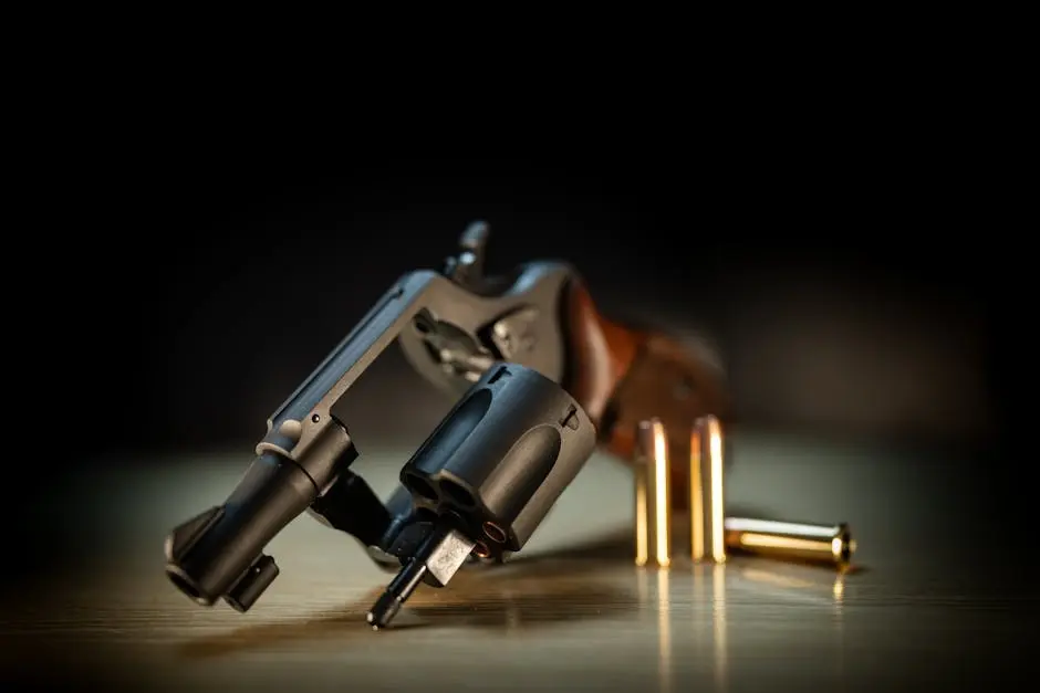 Detailed image of a revolver and bullets on a wooden surface, emphasizing firearm components.