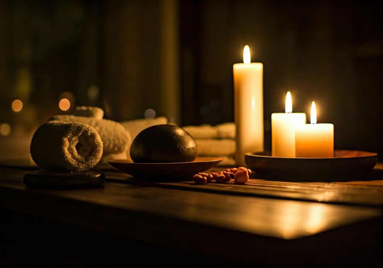 A serene spa setting with soft lighting and soothing candles. 35mm stock photo