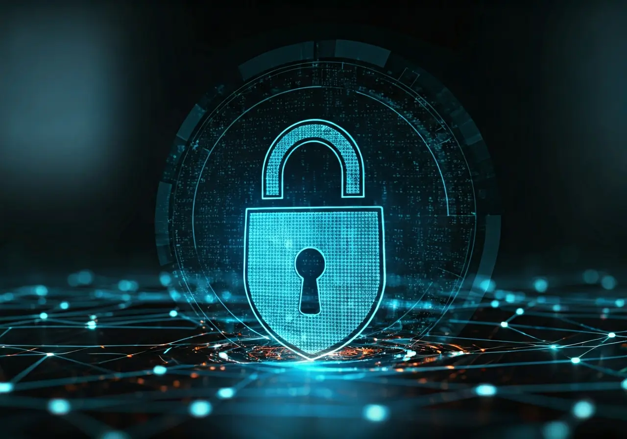 A digital lock overlaid on a glowing network of servers. 35mm stock photo
