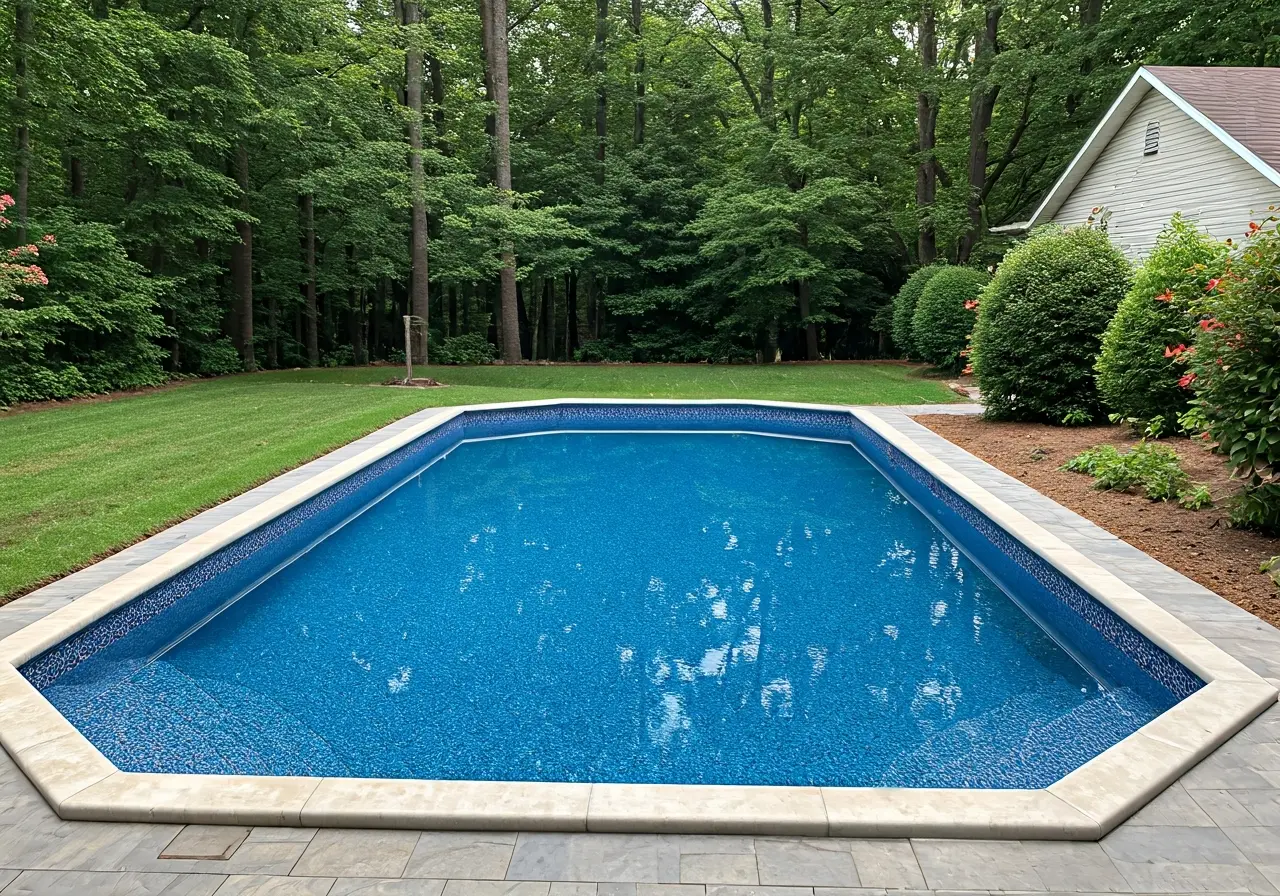 A serene backyard setting with a newly installed fiberglass pool. 35mm stock photo