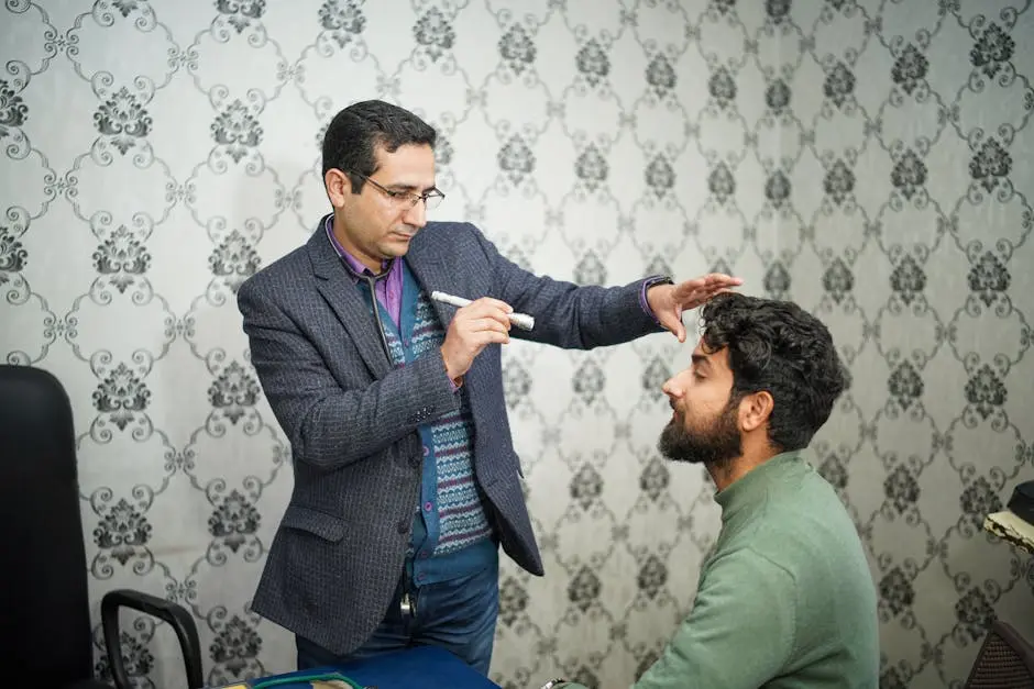 A doctor performs an eye examination on a patient in a clinical setting.