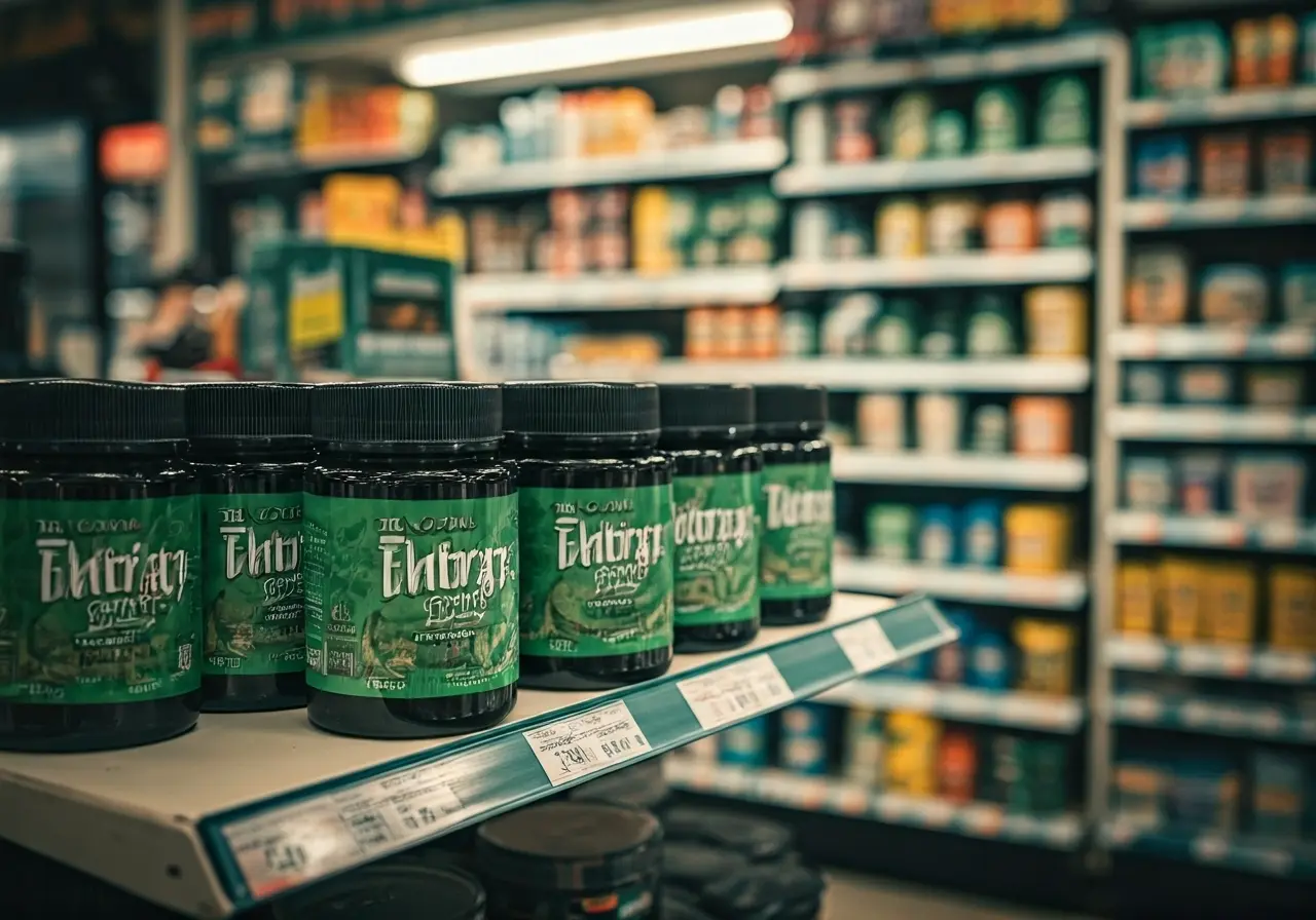Brightly lit convenience store shelf with various THC-A products displayed. 35mm stock photo