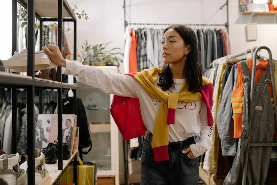 Woman shopping for sneakers in a stylish vintage clothing store, browsing multiple options.