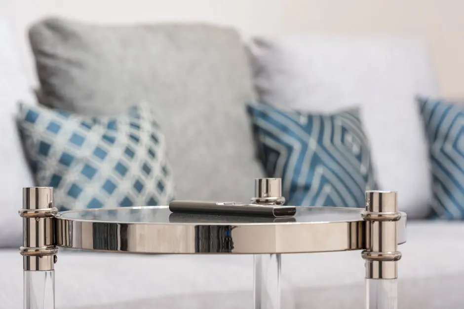Contemporary living room with a round metal table and decorative cushions.