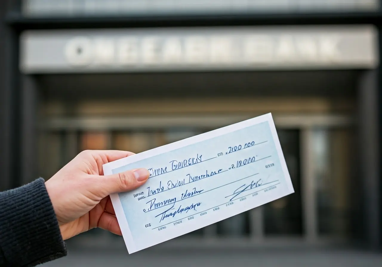A person holding a check outside a bank building. 35mm stock photo