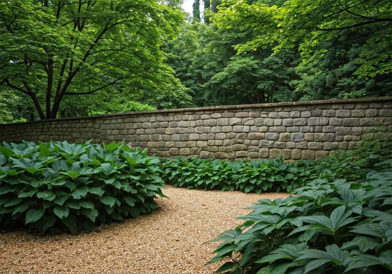 A picturesque stone wall beautifully integrated into a lush garden. 35mm stock photo