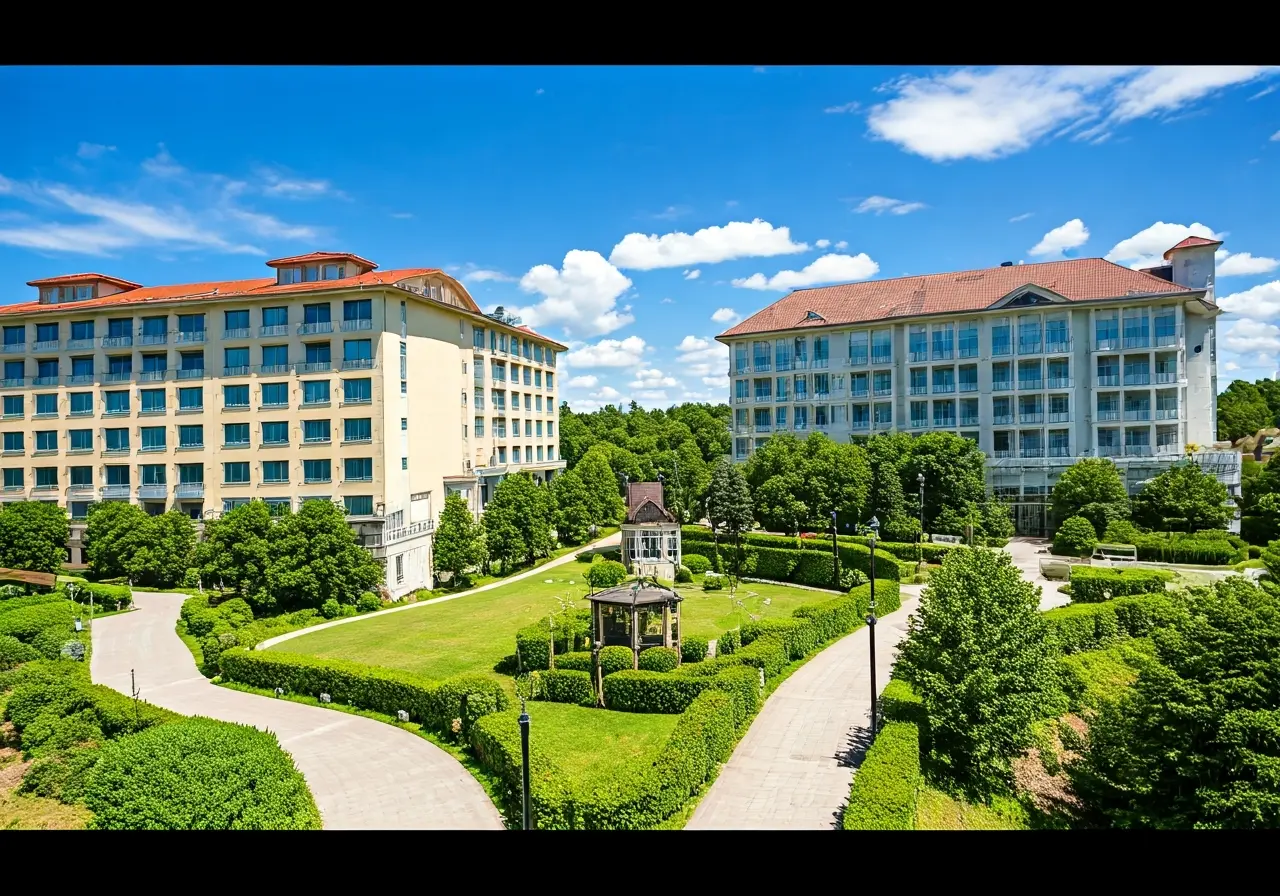 Two hotels with connected pathways in a scenic location. 35mm stock photo