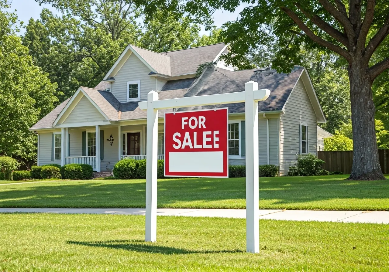 A for-sale sign in front of a quaint suburban house. 35mm stock photo