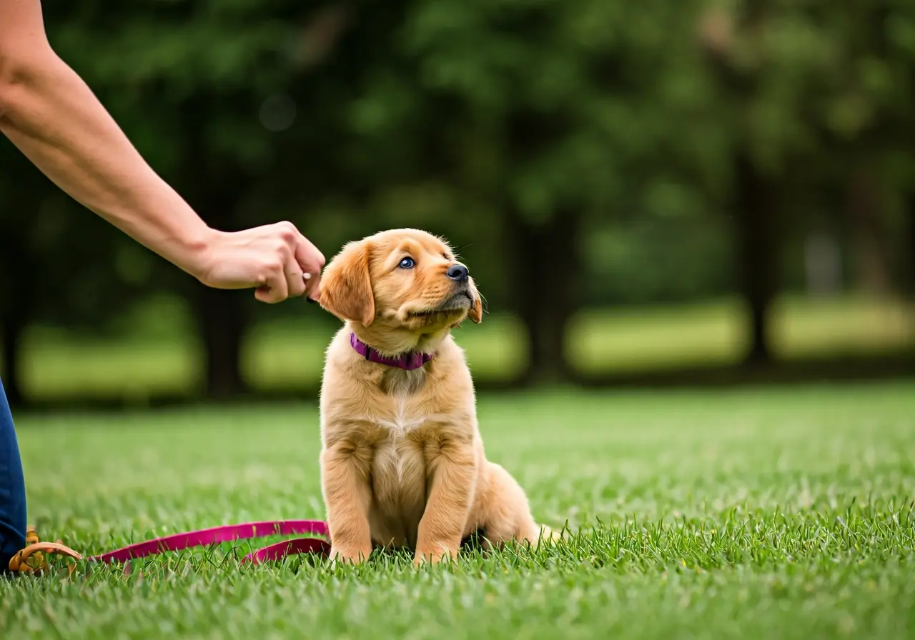 A playful puppy attentively learning commands from a trainer. 35mm stock photo
