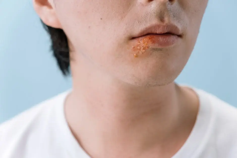 A close-up image of a person&rsquo;s lips showing a cold sore on the lower lip area.
