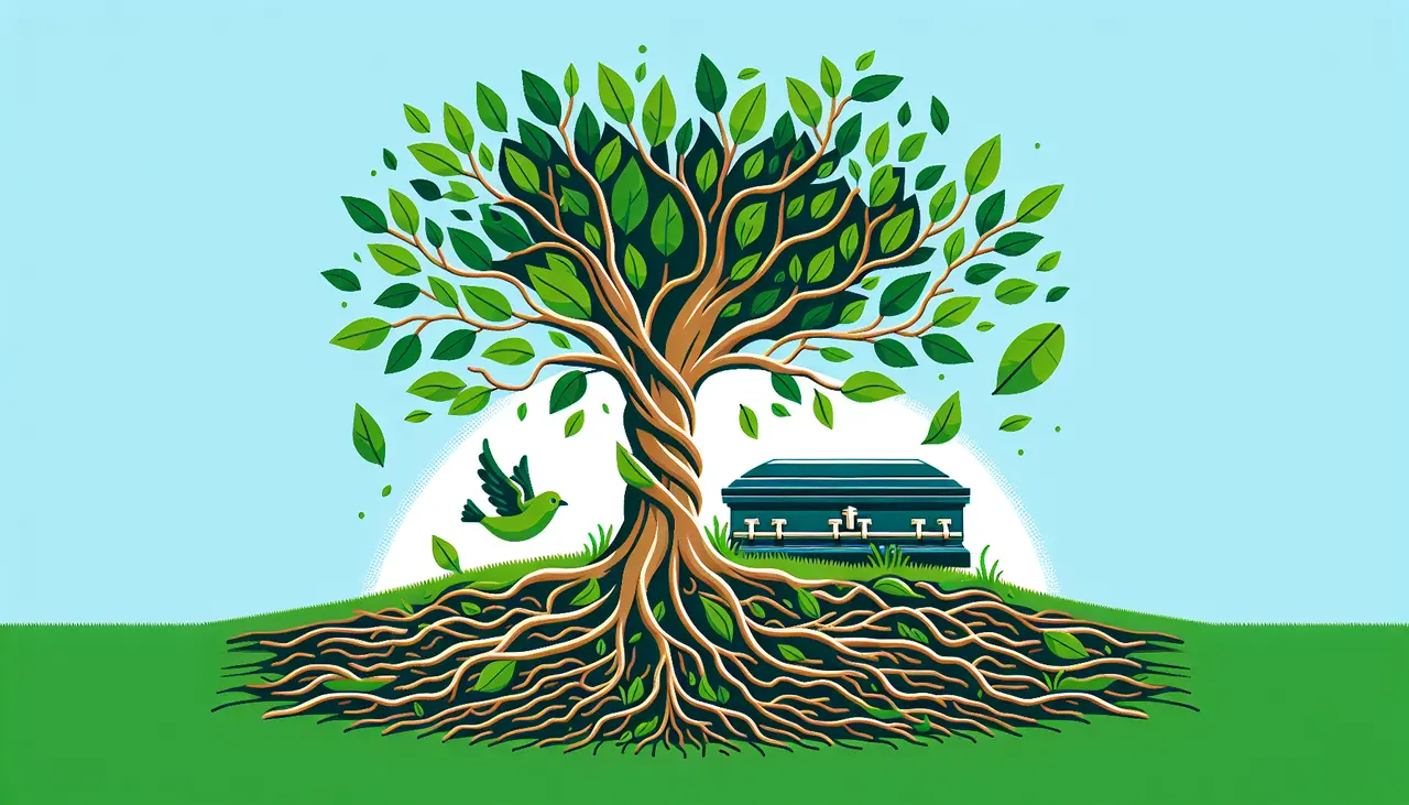 Draw a graphic in flat design style. An illustration of a tree with roots wrapping around an eco-friendly burial casket, surrounded by green leaves and a small bird perched on a branch, with a clear blue sky in the background.