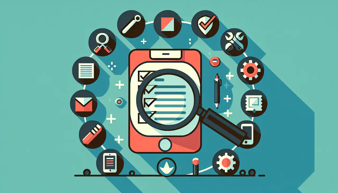Draw a graphic in flat design style. A flat design image of a magnifying glass highlighting a checklist with 12 items, symbolizing key features, alongside simple icons of app development tools.
