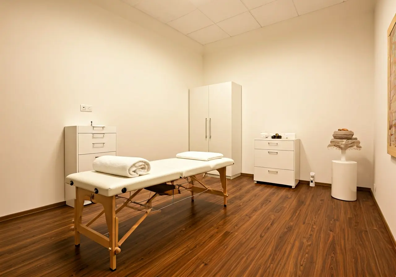 A serene chiropractic treatment room with a massage table. 35mm stock photo