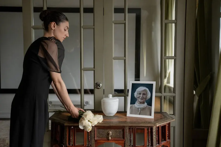 A woman in black holds flowers near an urn and framed photo, conveying mourning.