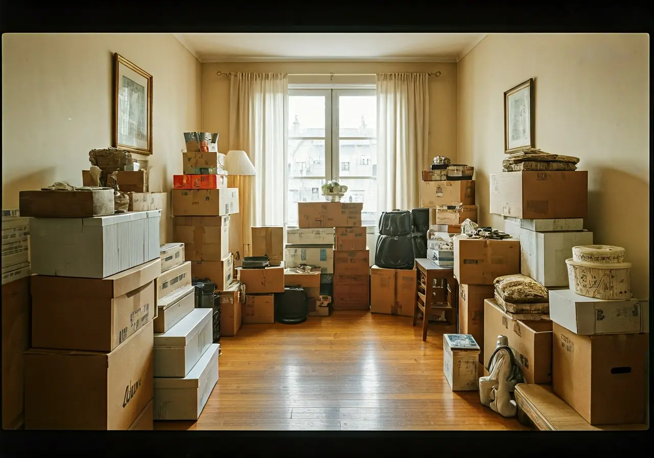A cluttered house with boxes and items stacked everywhere. 35mm stock photo