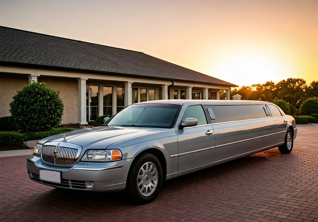 A sleek limousine parked outside a banquet hall at sunset. 35mm stock photo