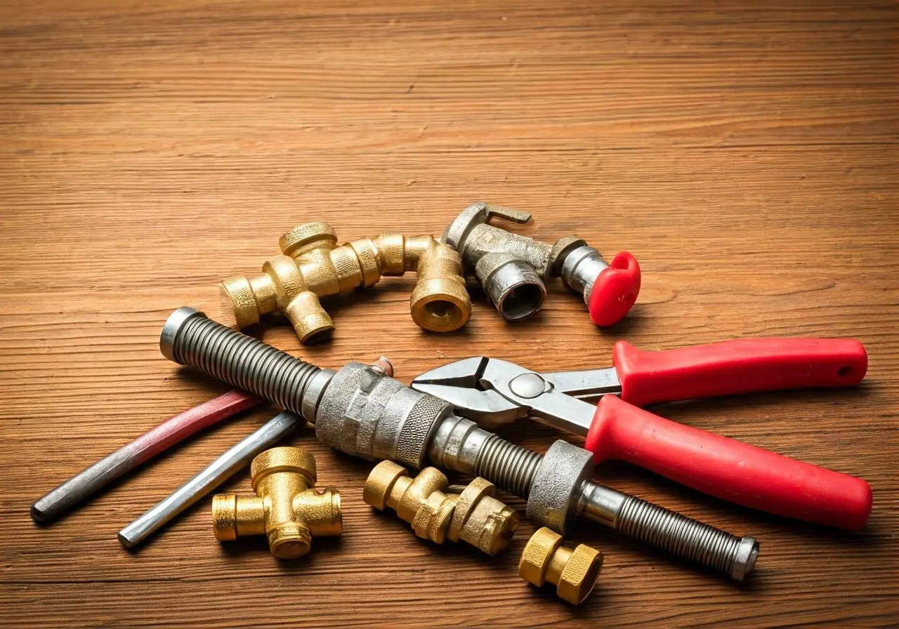 A toolkit with various plumbing tools on a wooden surface. 35mm stock photo