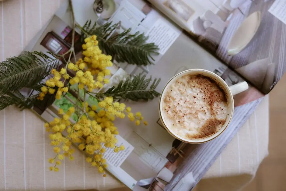 Warm flat lay of coffee, yellow flowers, and magazine on a table.