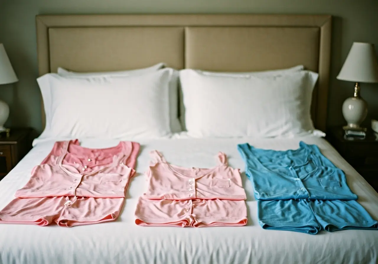 Matching pastel-colored bridesmaid pajamas neatly arranged on a bed. 35mm stock photo