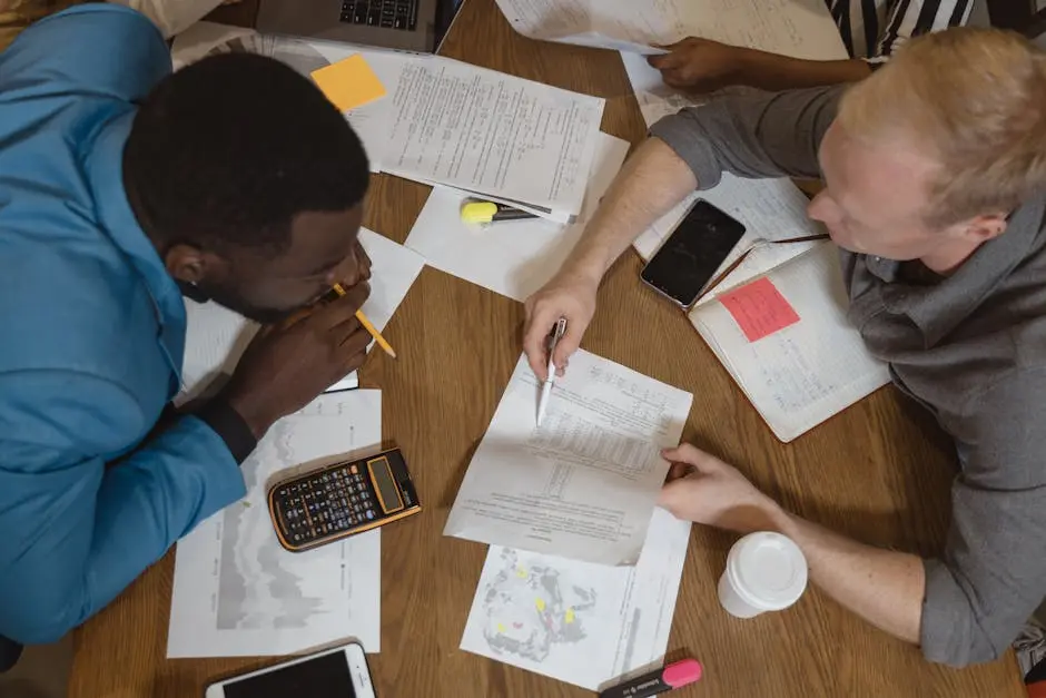 Two professionals engaged in a teamwork meeting, discussing documents and finance.