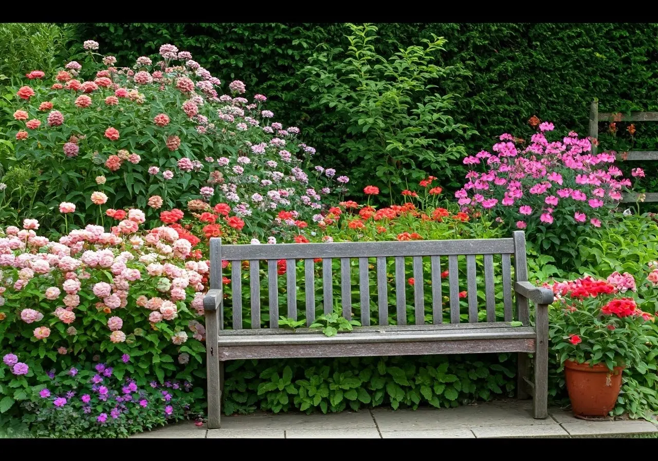 A serene garden with a wooden bench surrounded by flowers. 35mm stock photo