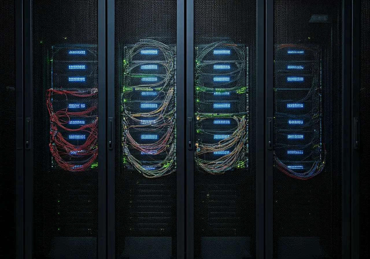 A modern data center with glowing servers and organized cables. 35mm stock photo