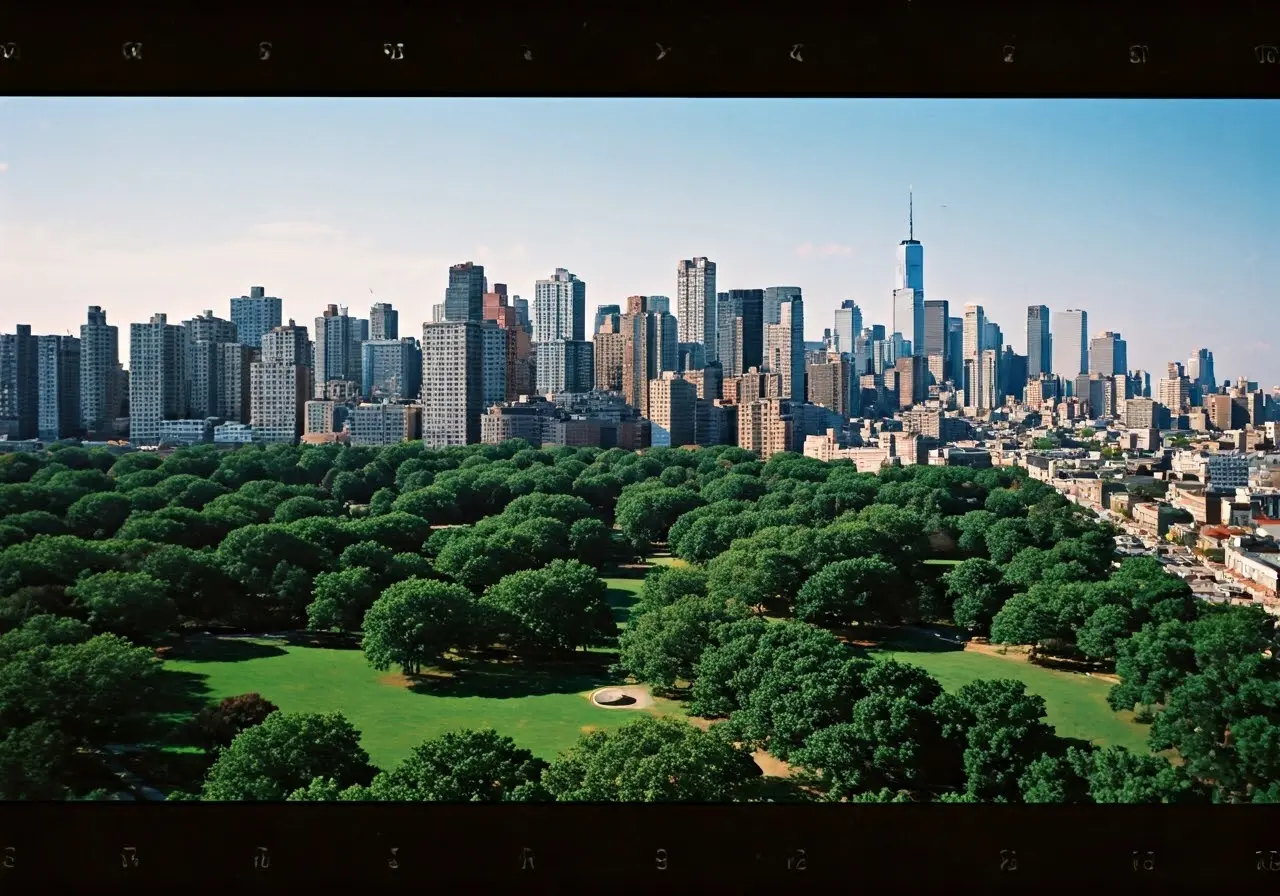 Aerial view of Sunset Park, Brooklyn, showcasing the skyline. 35mm stock photo