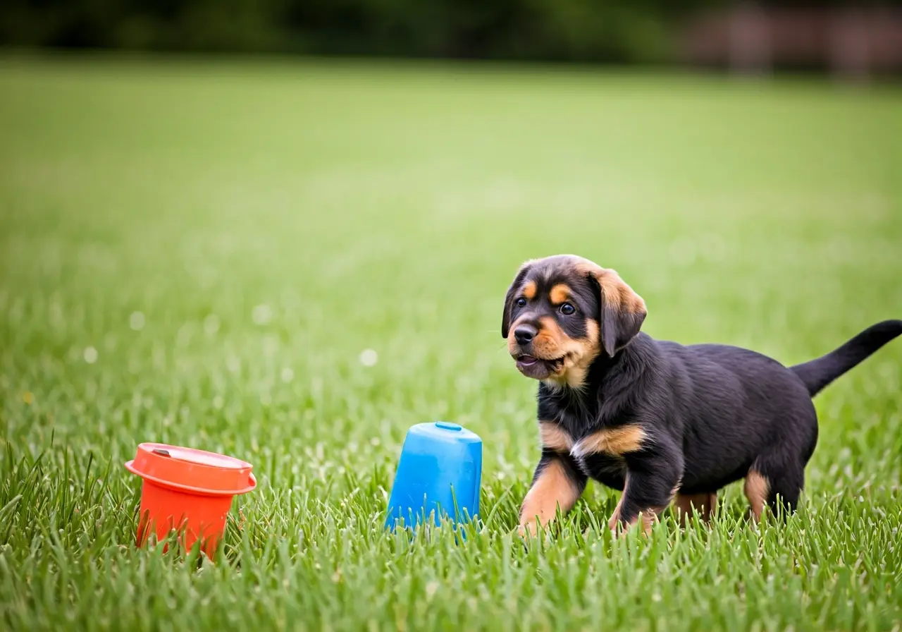 A playful puppy with a training guide on grass. 35mm stock photo