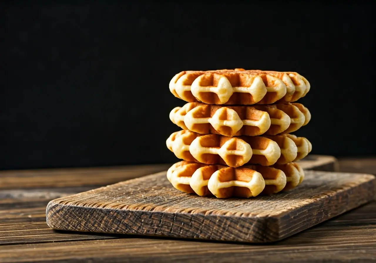 Golden waffle snacks stacked on a rustic wooden board. 35mm stock photo