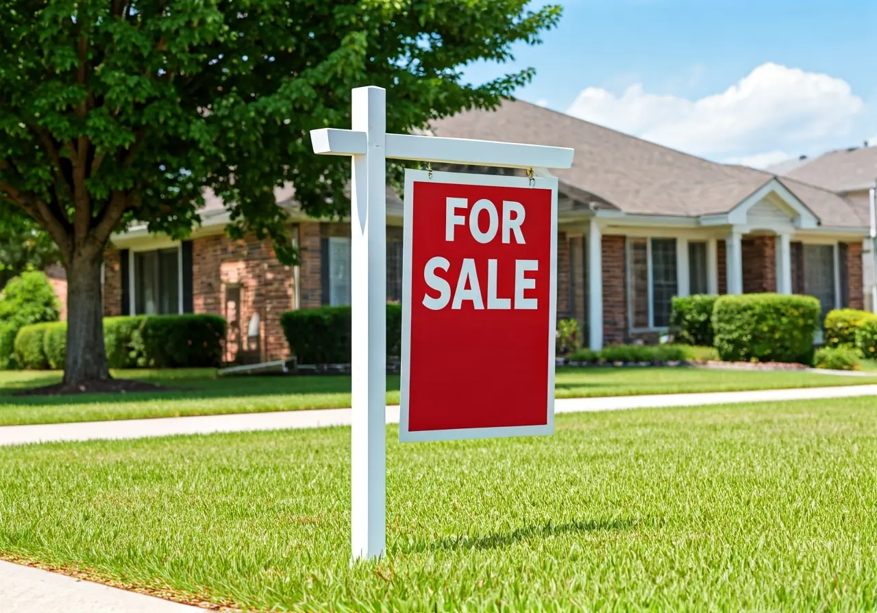 A For Sale sign in front of a suburban home. 35mm stock photo