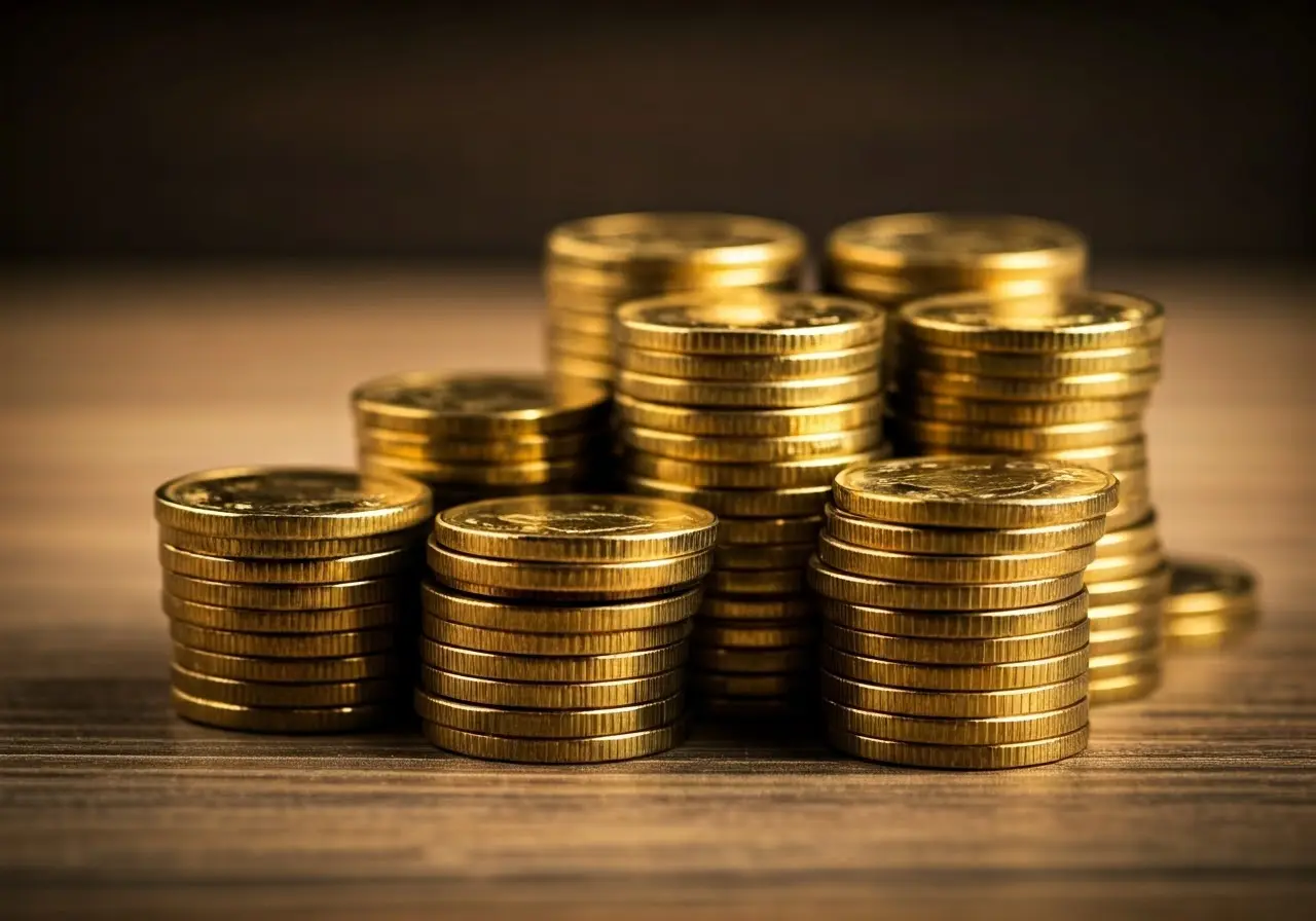 A close-up of gleaming gold coins stacked in piles. 35mm stock photo