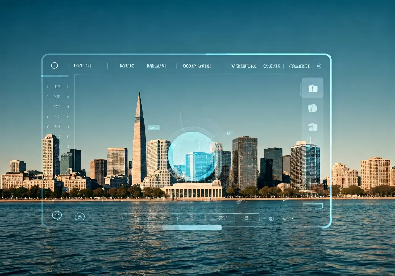 Washington DC skyline with digital app interface overlay. 35mm stock photo