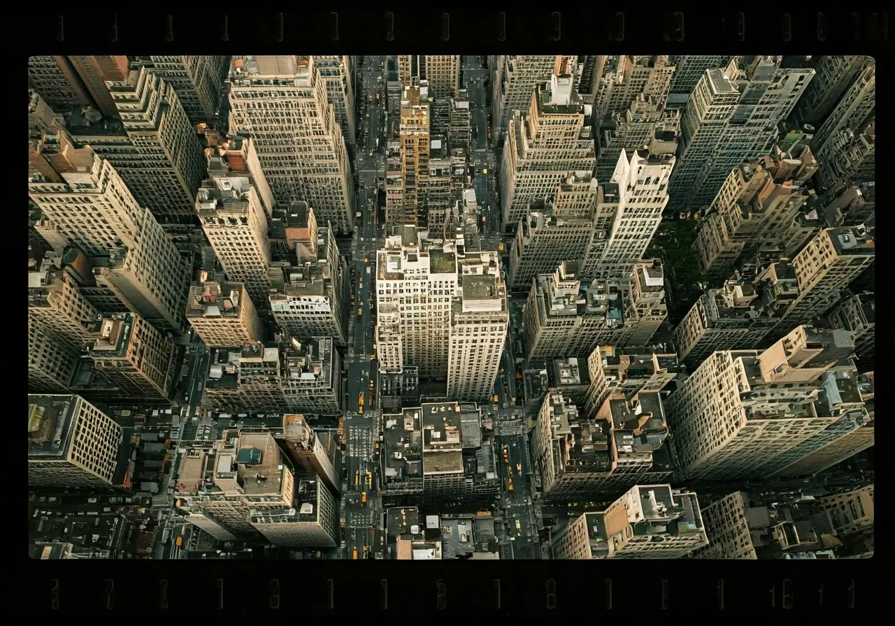 Aerial view of NYC streets aligned in a grid pattern. 35mm stock photo