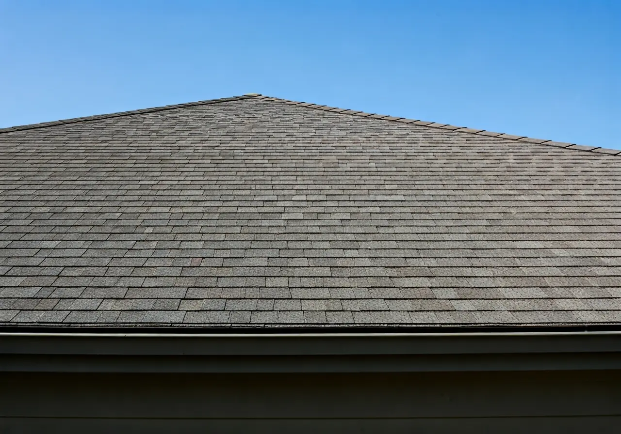 A rooftop with energy-efficient Malarkey Vista shingles under sunlight. 35mm stock photo