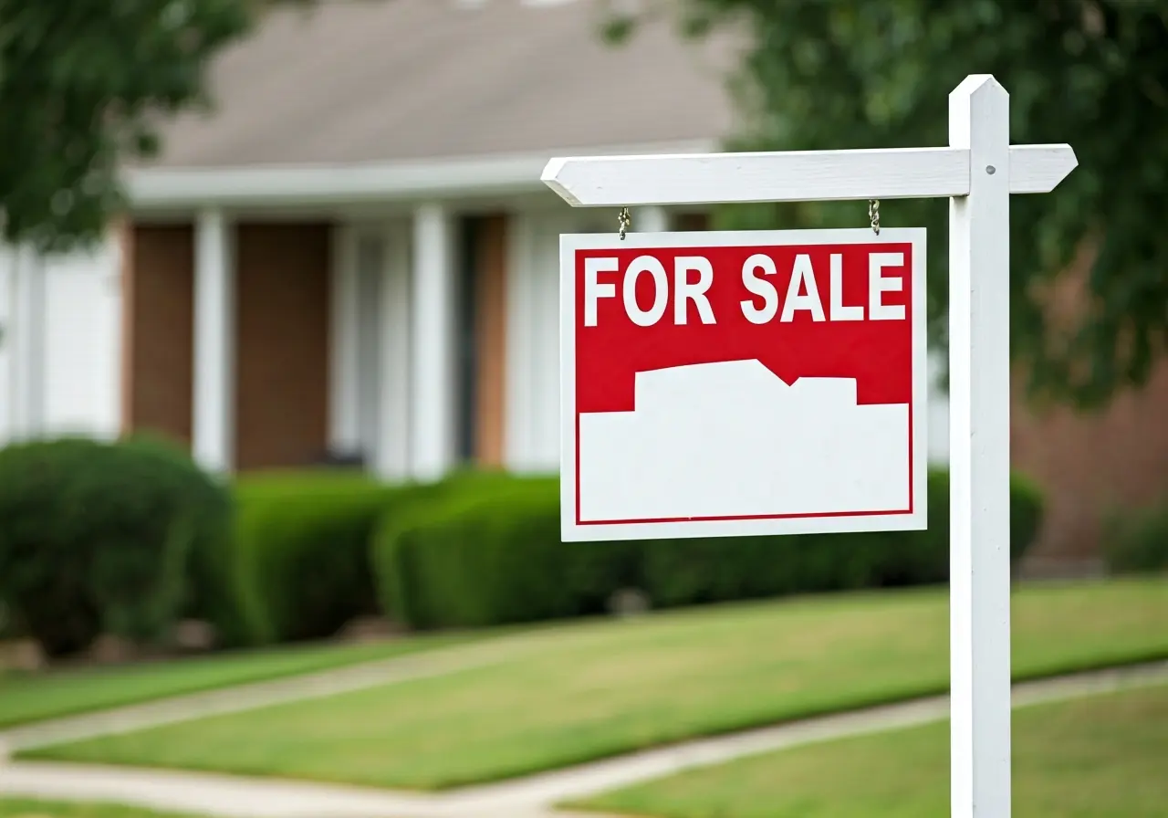 A For Sale sign on a suburban Baltimore house. 35mm stock photo