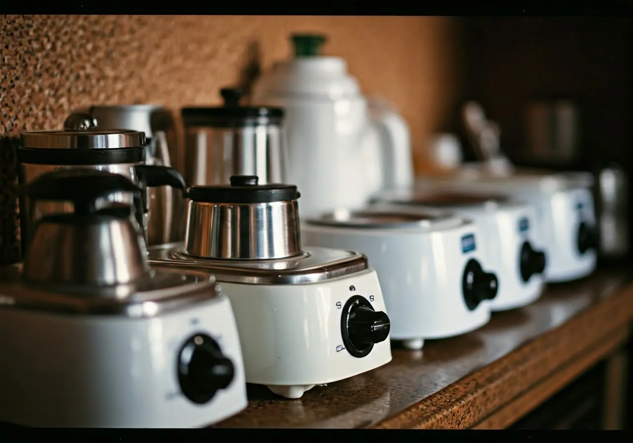 A close-up of various milk warmers lined up on a counter. 35mm stock photo