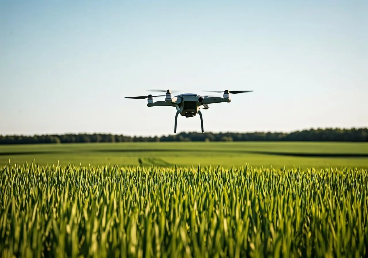 A drone flying over a lush, green crop field. 35mm stock photo