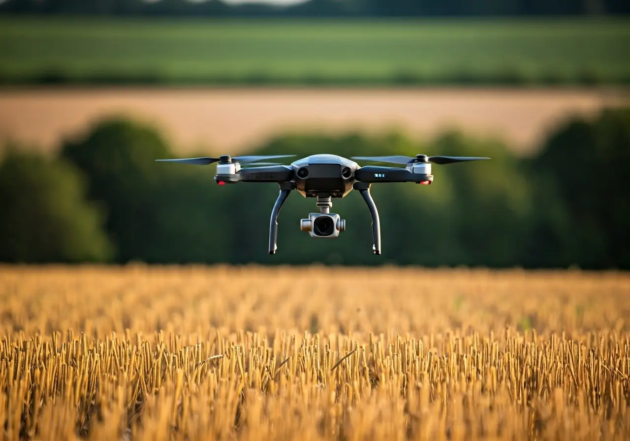A drone hovering over a field, dispersing seeds evenly. 35mm stock photo