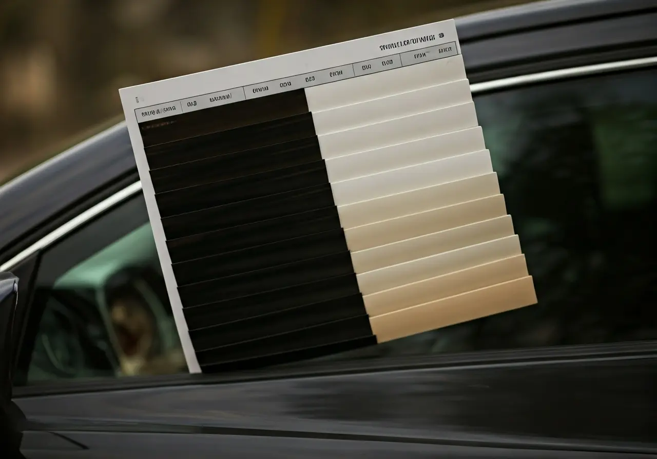 A car window with different tint shades on a color chart. 35mm stock photo
