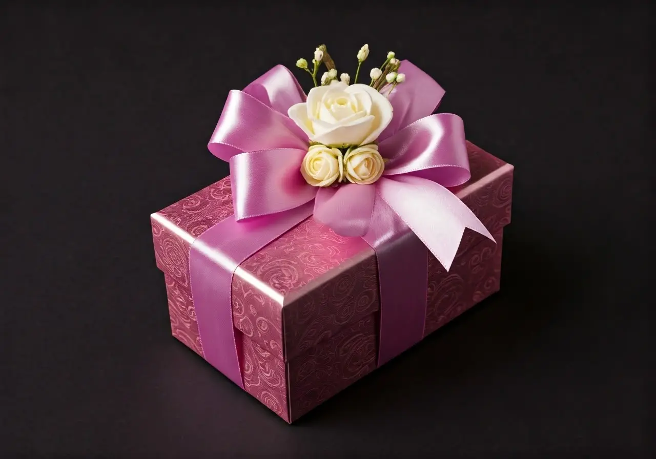 An elegant gift box with a bow and floral accents. 35mm stock photo