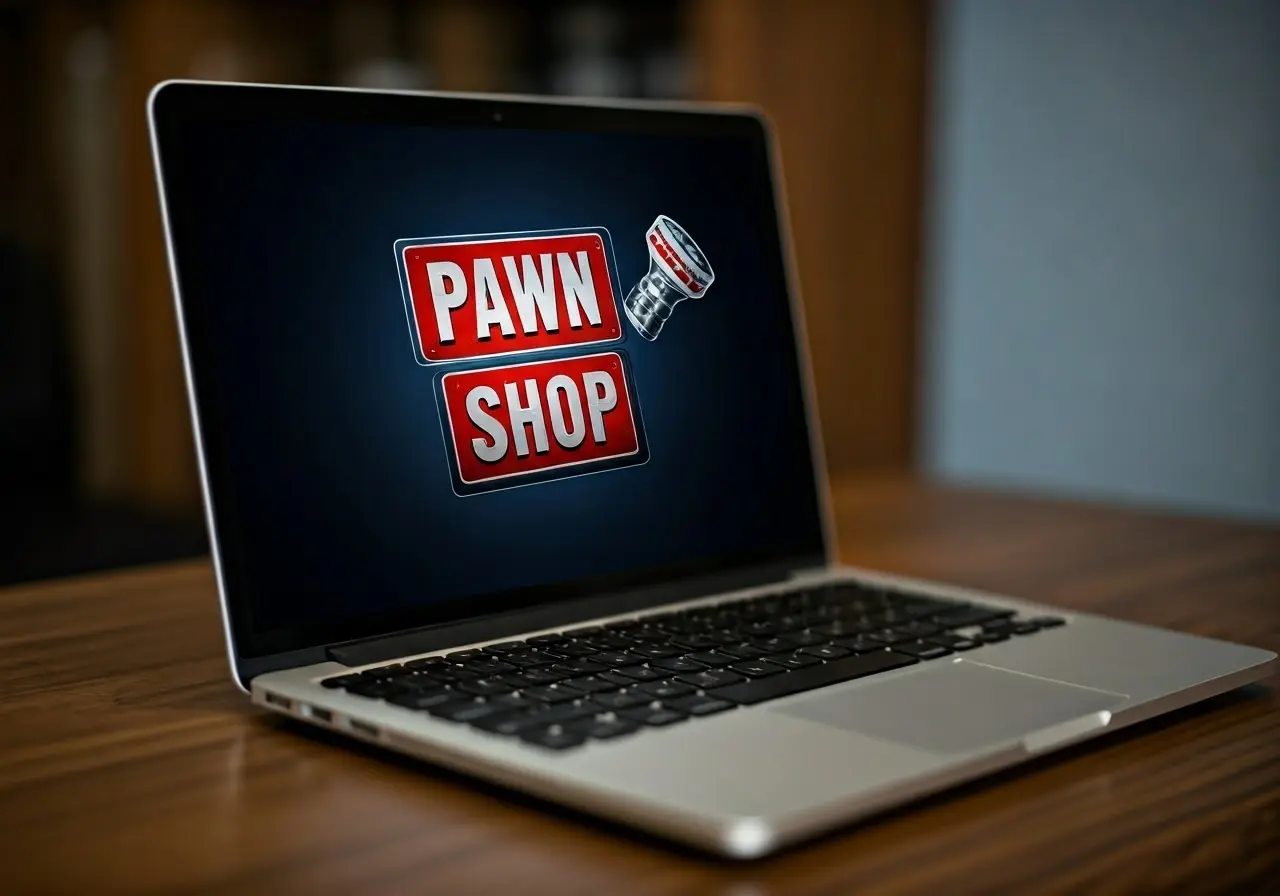 A close-up of a laptop with a pawn shop sign. 35mm stock photo
