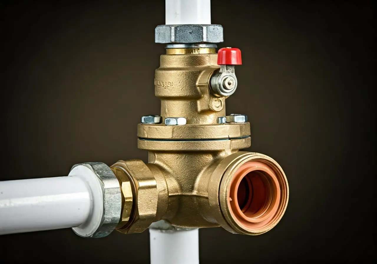 A backflow preventer valve installed on residential plumbing pipes. 35mm stock photo
