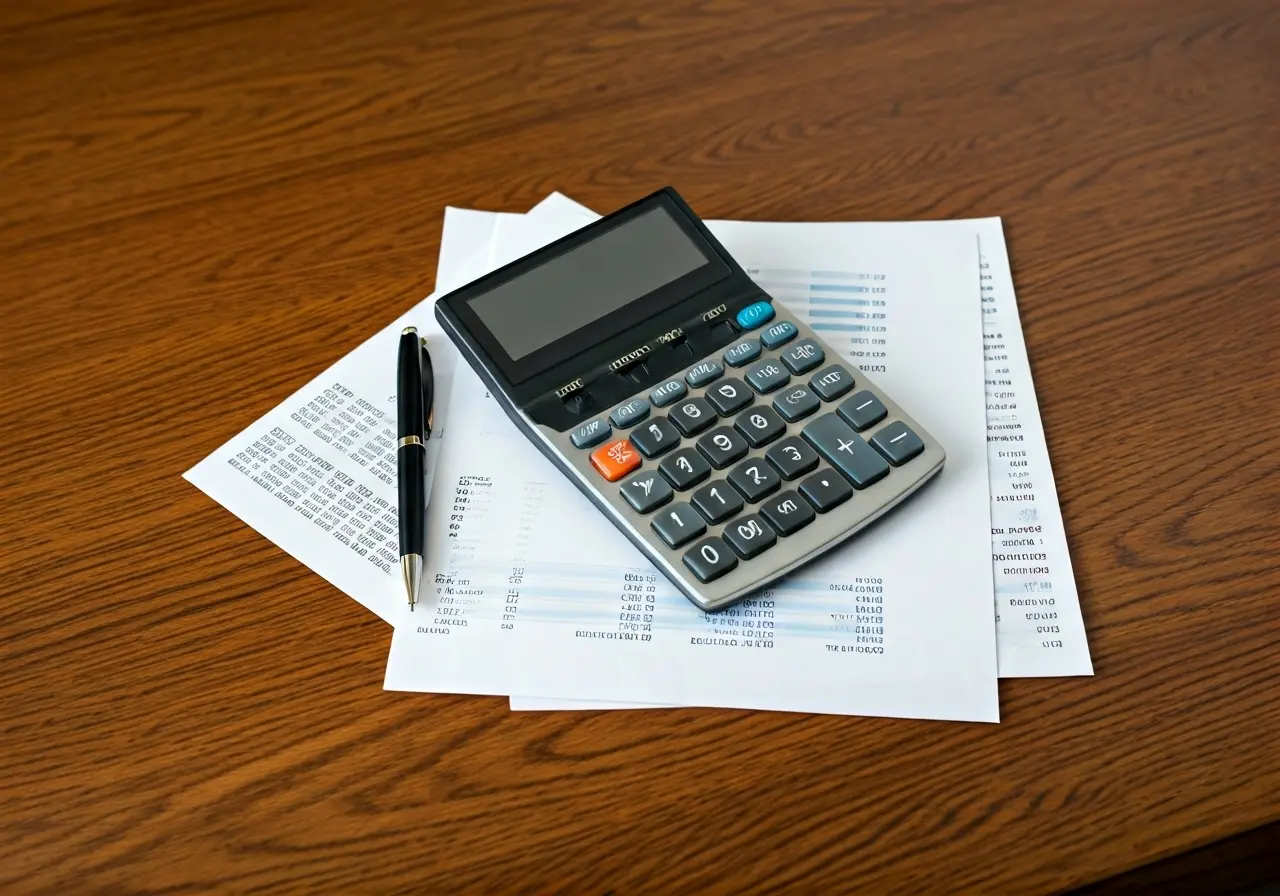 A calculator and financial documents on a wooden desk. 35mm stock photo
