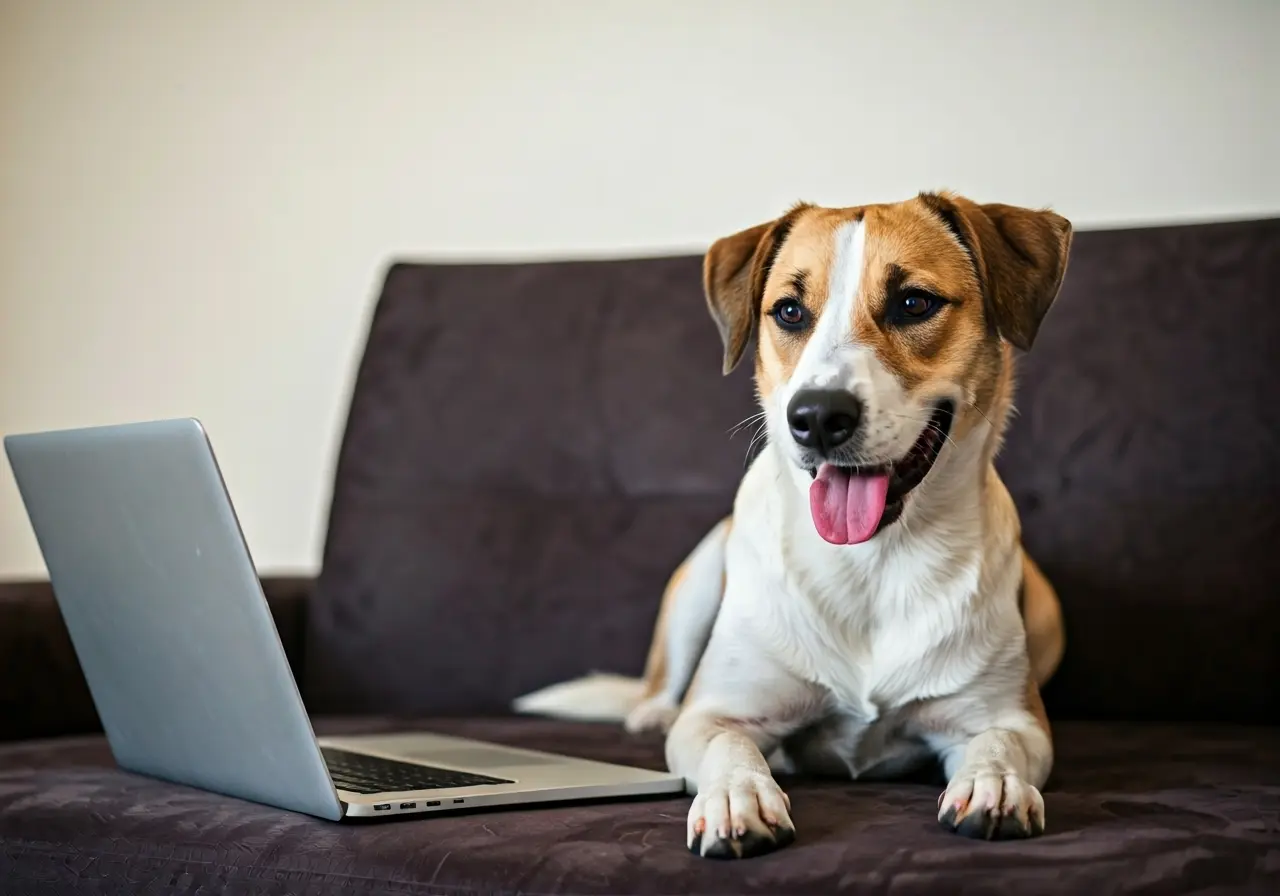 A happy dog sitting on a couch next to a laptop. 35mm stock photo
