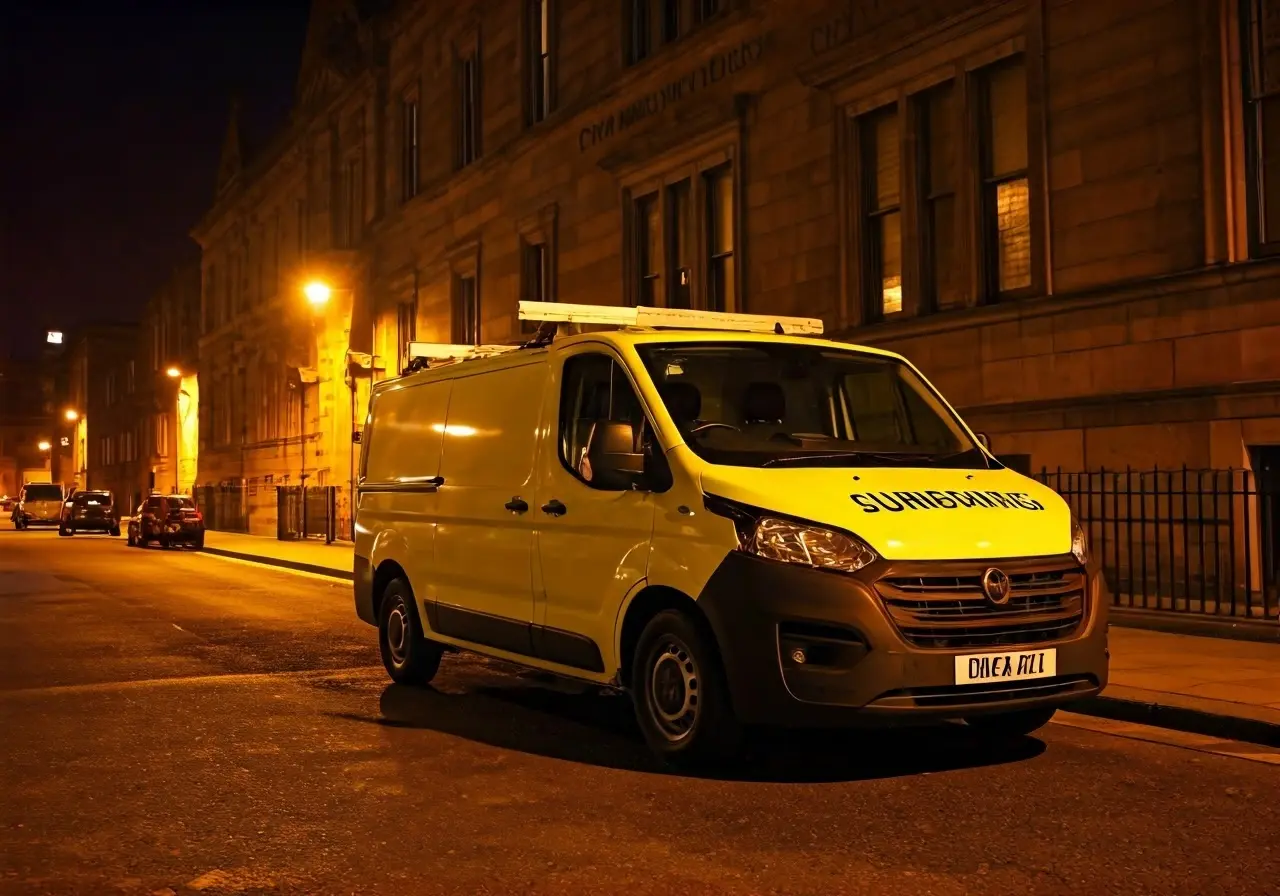 A plumber’s van parked outside a Glasgow building at night. 35mm stock photo