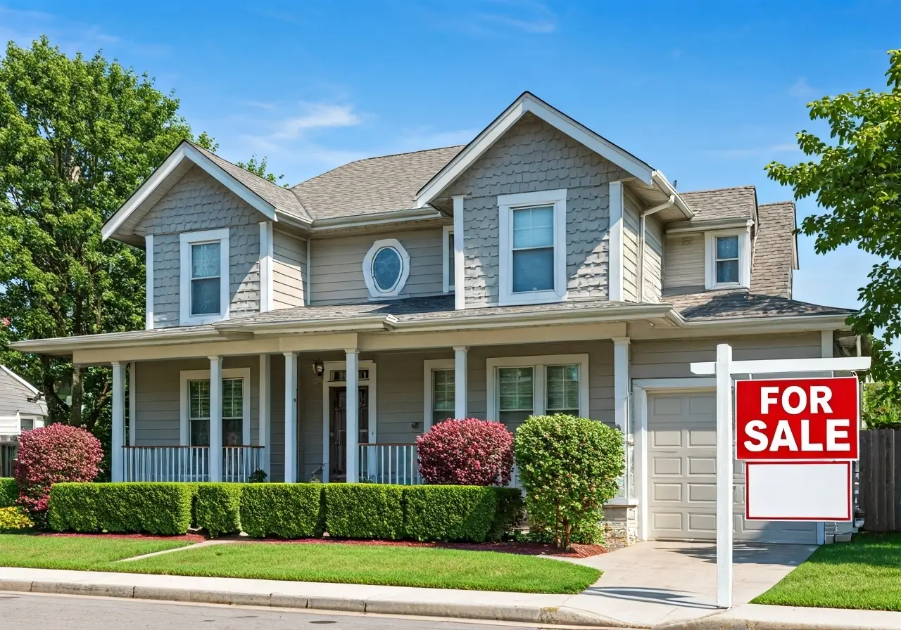 A charming house with a For Sale sign outside. 35mm stock photo
