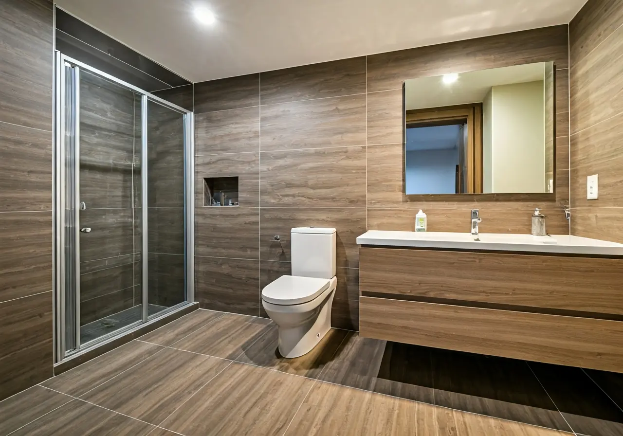 A modern bathroom renovation scene with neutral color tones. 35mm stock photo